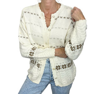 Vintage 80s 90s Canadian made cream floral grandma cardigan sweater S